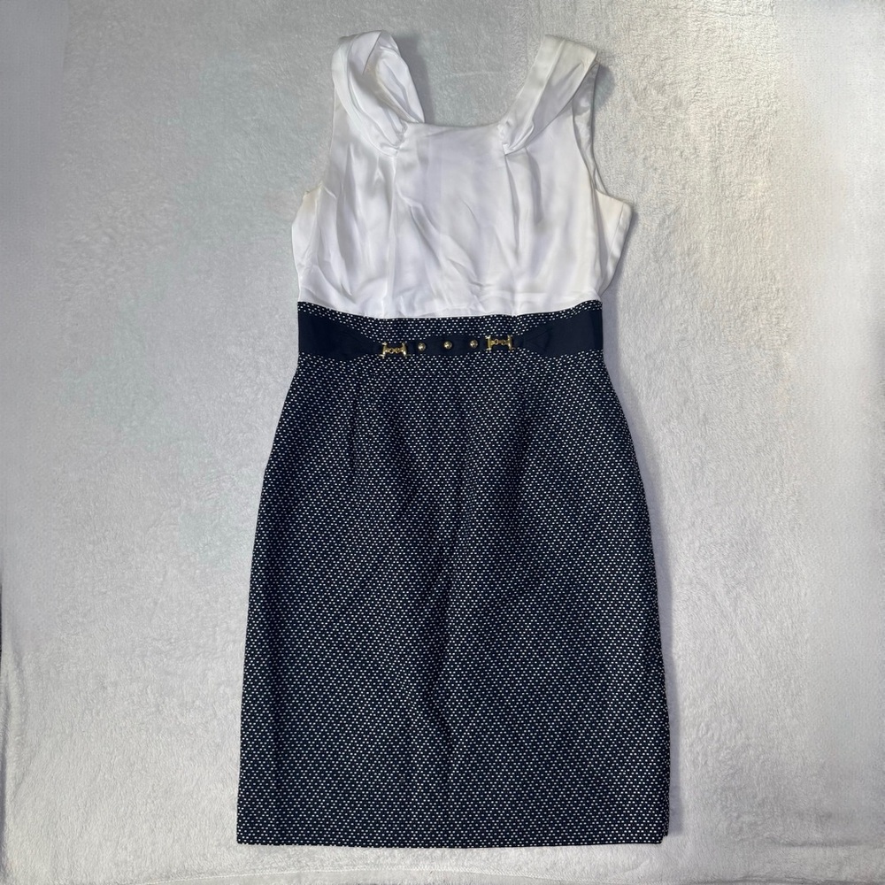 Tahari ASL Elegant Preppy Navy Blue and White Women's Dress, Size 10